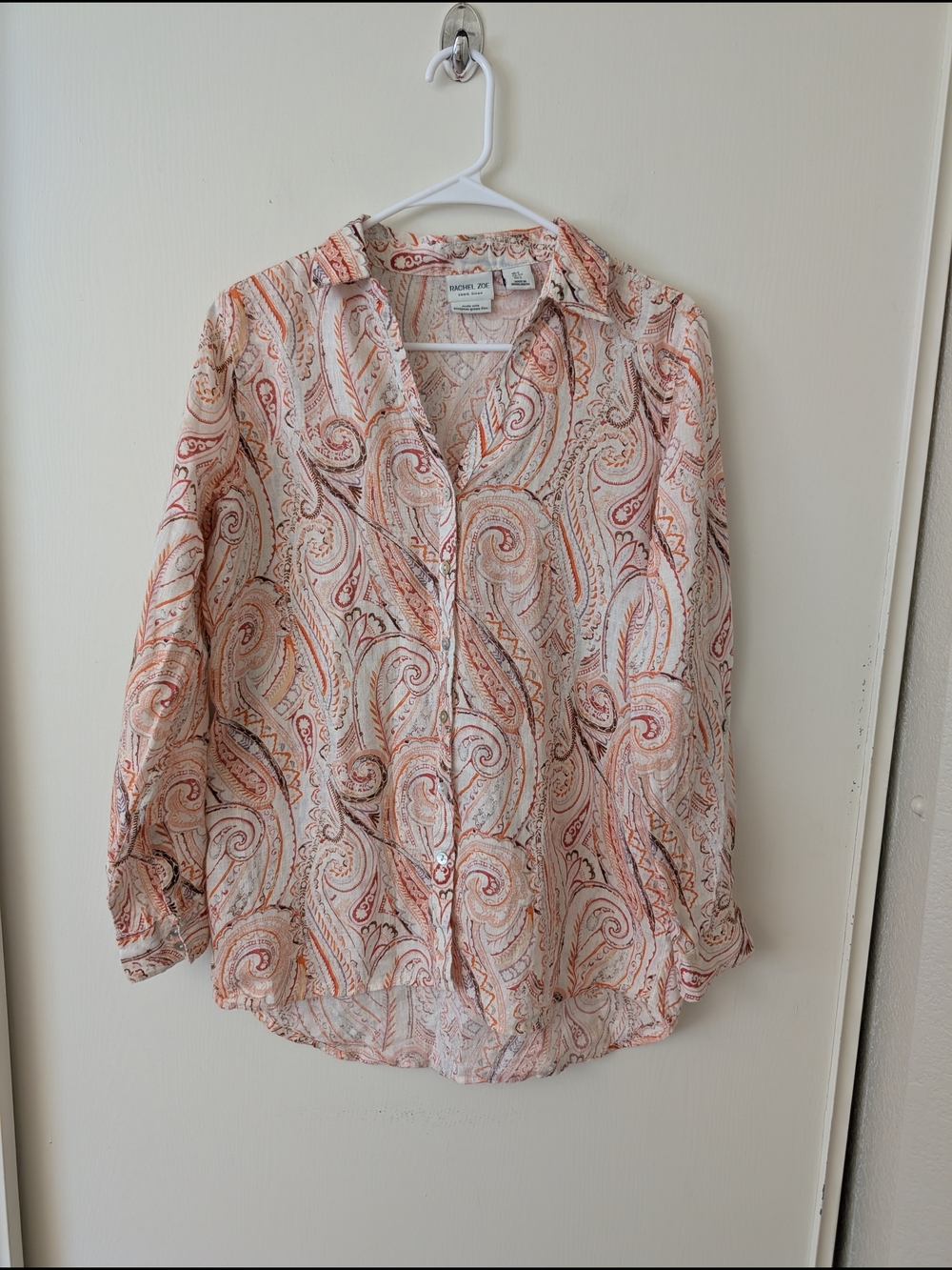 Rachel Zoe Womens Small Pink Brown 100% Linen Paisley Button Down Blouse